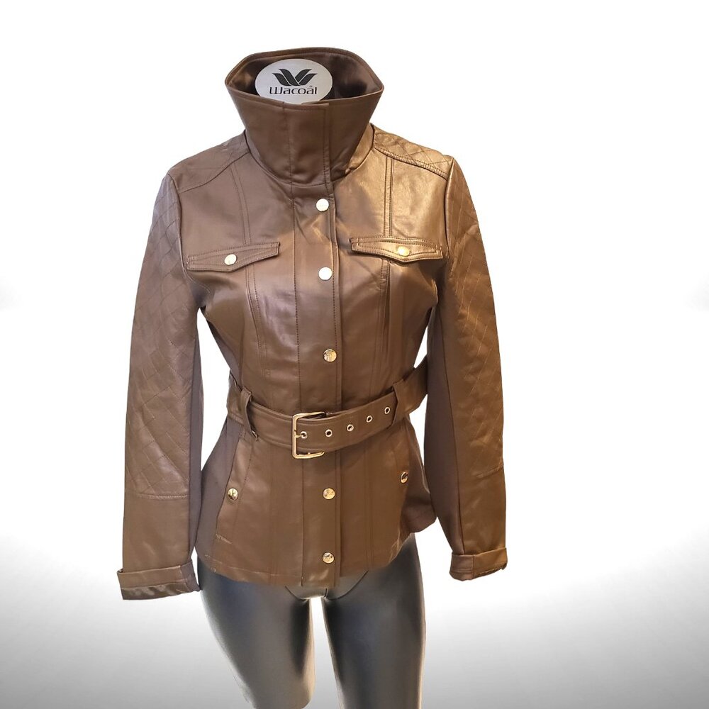 GUESS Los Angeles Brown Belted Faux-Leather Moto Jacket – Size M - Picture 6 of 9